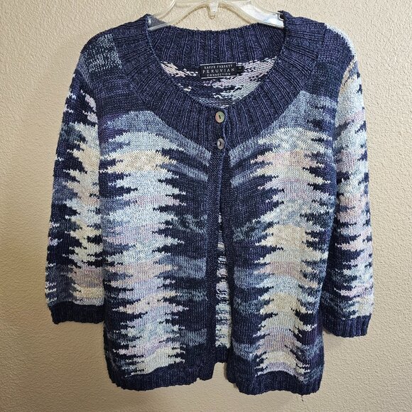 KAFFE FASSETT Peruvian Connection Pima Cotton Blue Multi 2 Button Cardigan~M - Picture 2 of 10